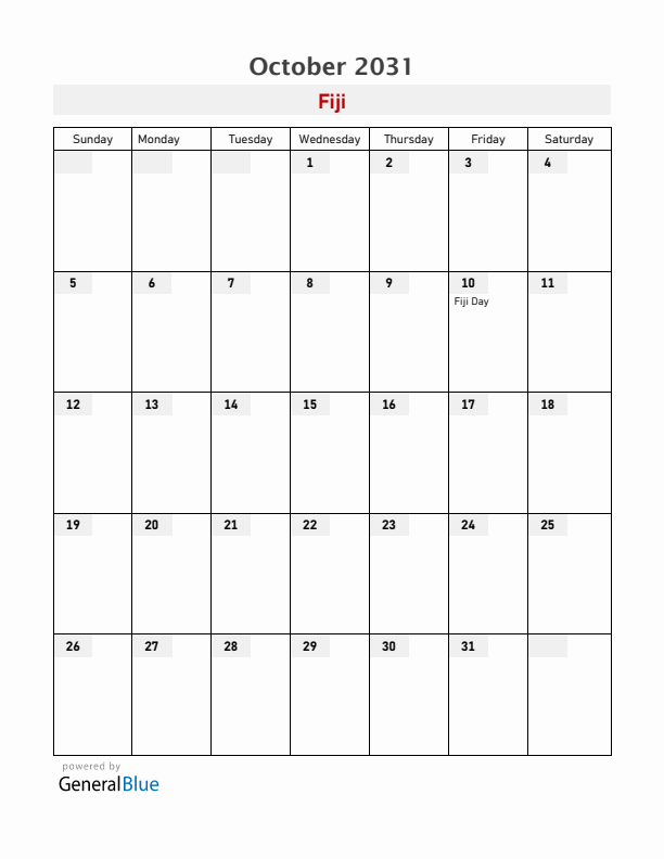 Fiji October 2031 Calendar with Holidays