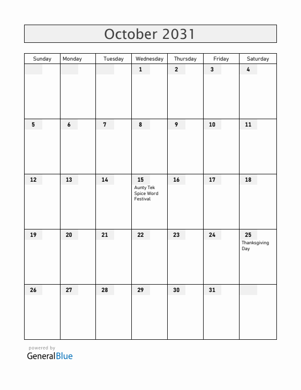 Grenada October 2031 Calendar with Holidays