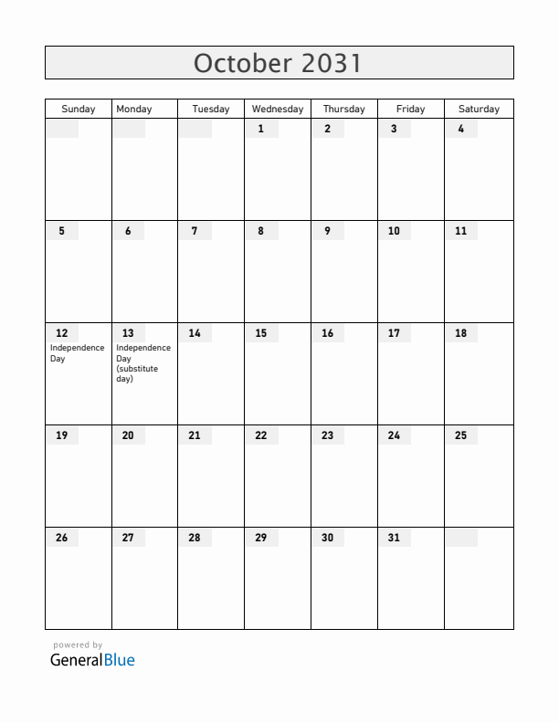 Equatorial Guinea October 2031 Calendar with Holidays
