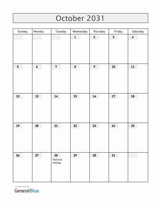 Greece October 2031 Calendar with Holidays