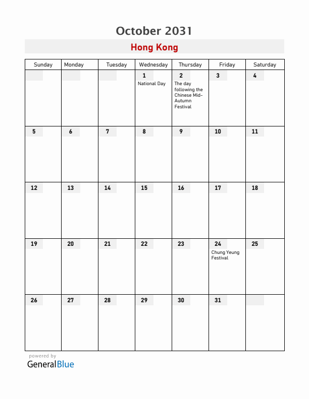 Hong Kong October 2031 Calendar with Holidays