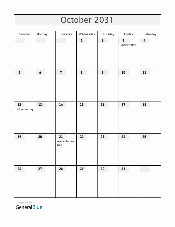 Honduras October 2031 Calendar with Holidays