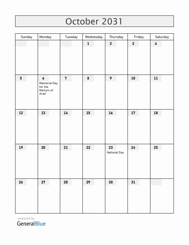 Hungary October 2031 Calendar with Holidays