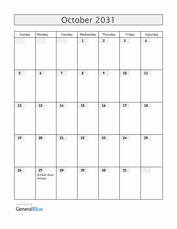 Ireland October 2031 Calendar with Holidays
