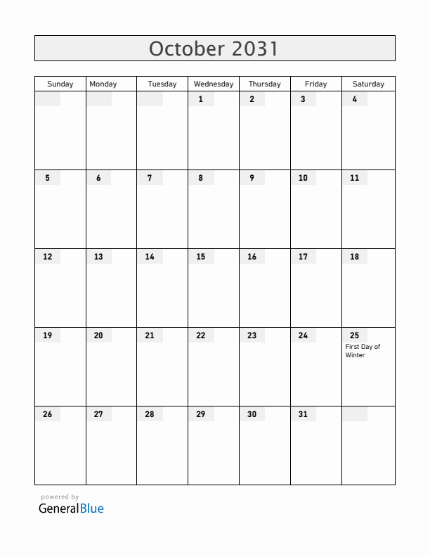 Iceland October 2031 Calendar with Holidays