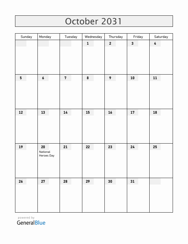 Jamaica October 2031 Calendar with Holidays