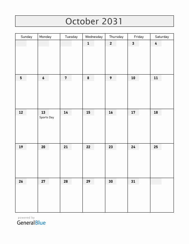 Japan October 2031 Calendar with Holidays