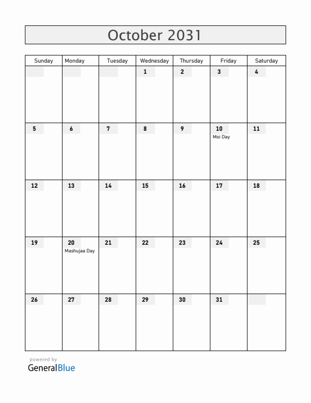 Kenya October 2031 Calendar with Holidays