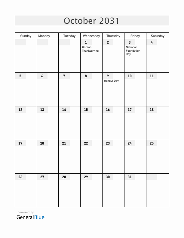 South Korea October 2031 Calendar with Holidays