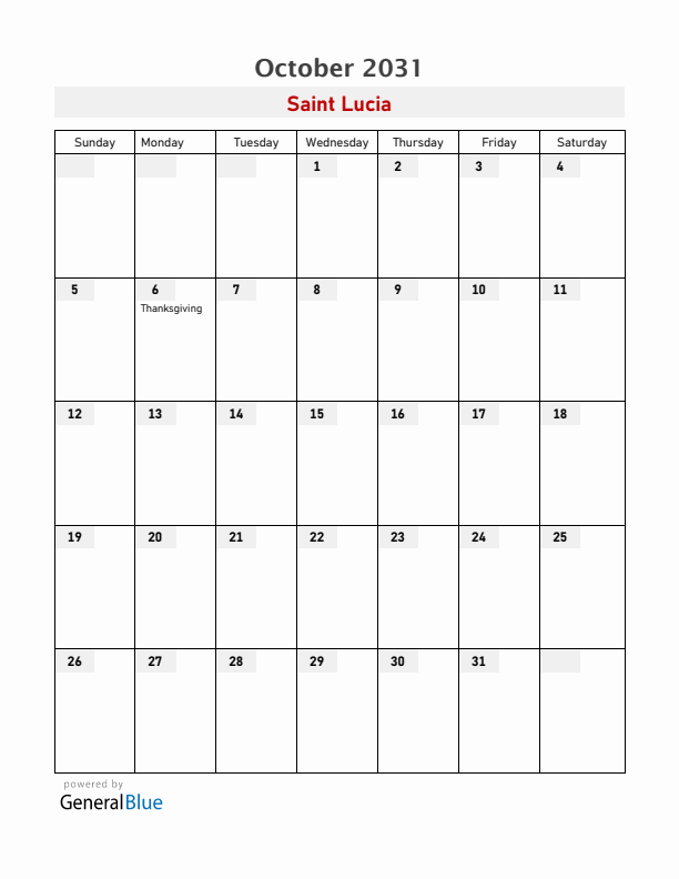 Saint Lucia October 2031 Calendar with Holidays