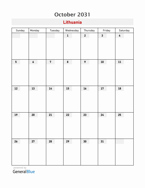Lithuania October 2031 Calendar with Holidays