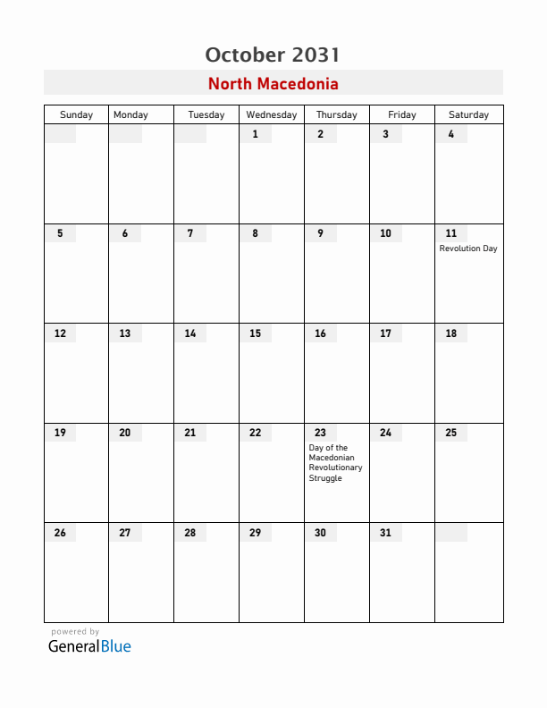North Macedonia October 2031 Calendar with Holidays