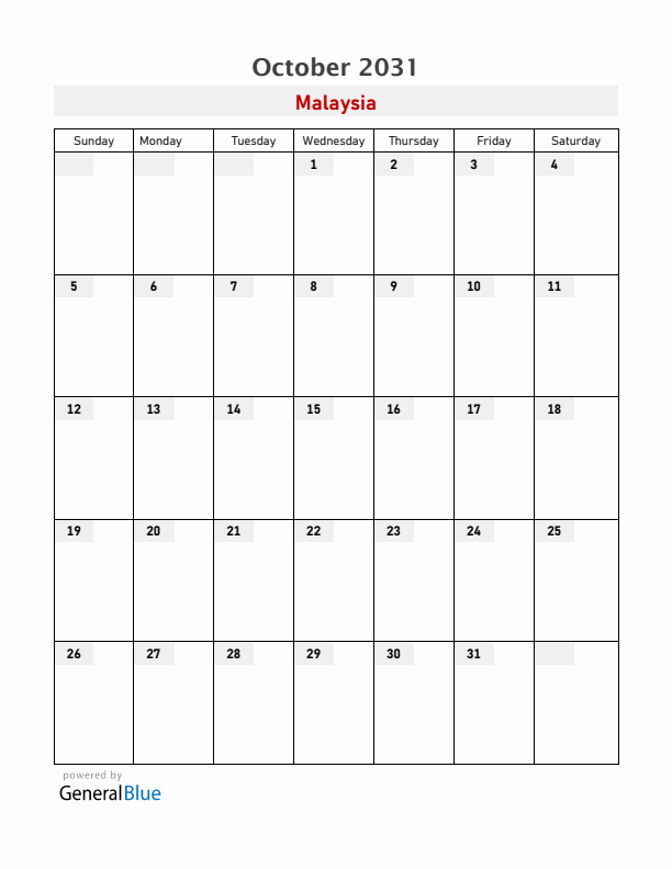 Malaysia October 2031 Calendar with Holidays