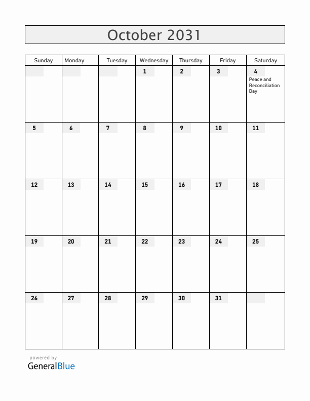 Mozambique October 2031 Calendar with Holidays