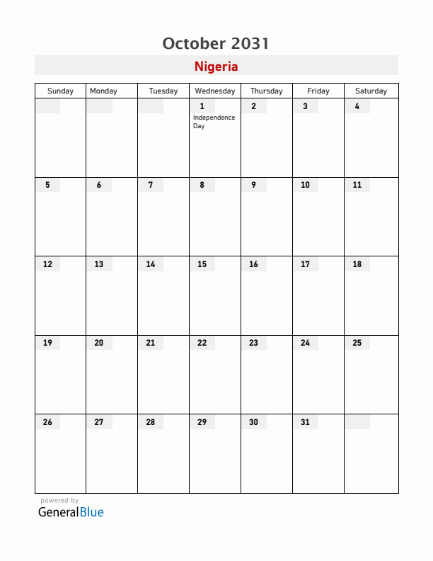 Nigeria October 2031 Calendar with Holidays