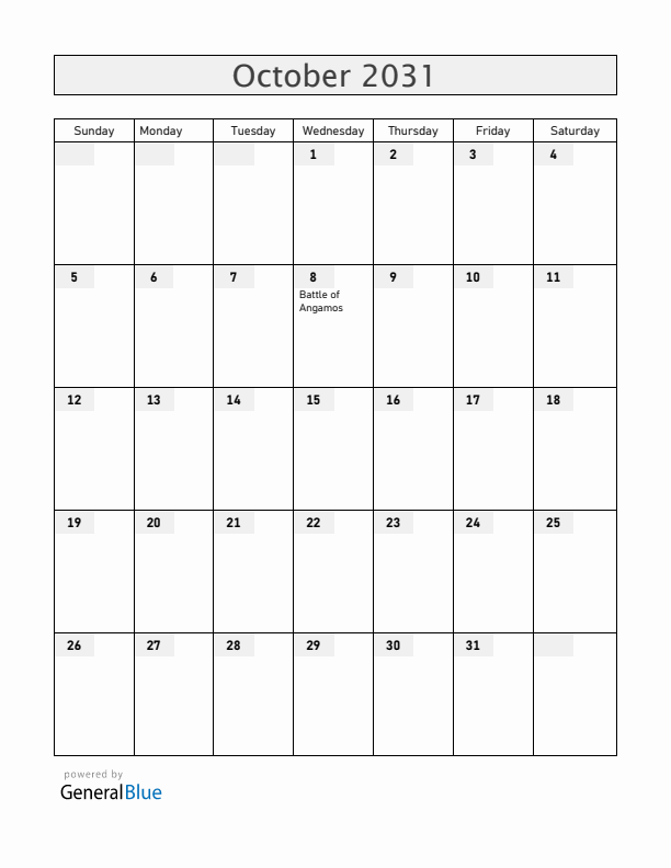 Peru October 2031 Calendar with Holidays