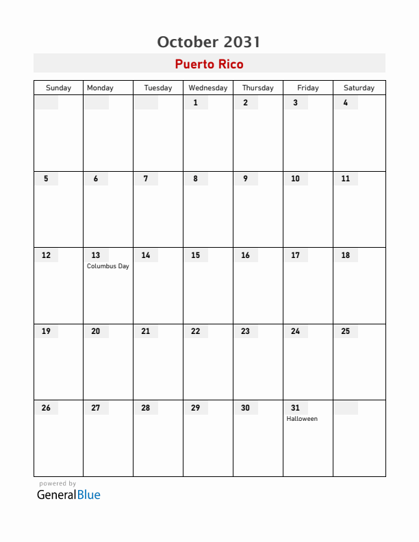Puerto Rico October 2031 Calendar with Holidays