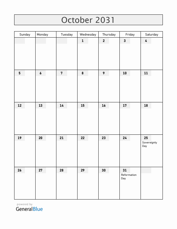 Slovenia October 2031 Calendar with Holidays