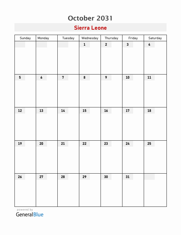 Sierra Leone October 2031 Calendar with Holidays