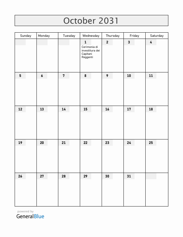 San Marino October 2031 Calendar with Holidays