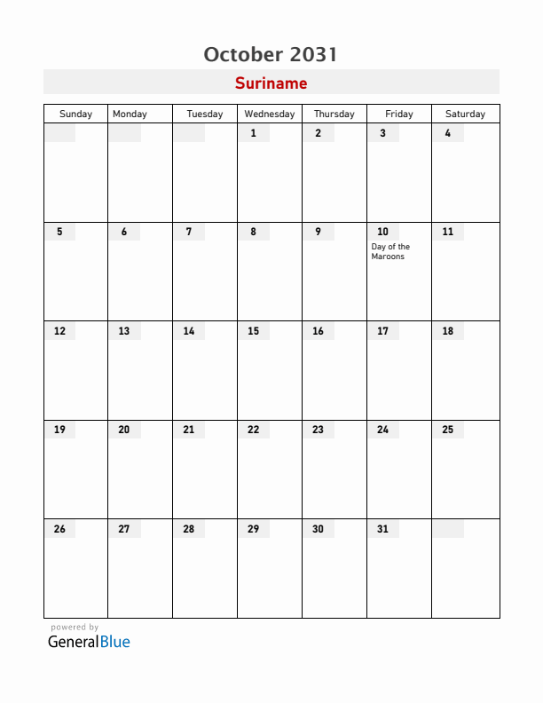 Suriname October 2031 Calendar with Holidays