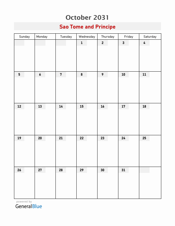 Sao Tome and Principe October 2031 Calendar with Holidays