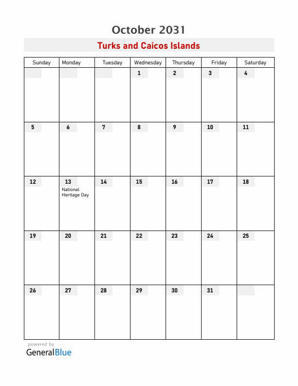 Turks and Caicos Islands October 2031 Calendar with Holidays