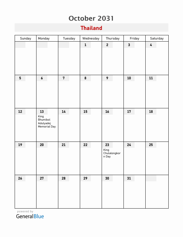 Thailand October 2031 Calendar with Holidays