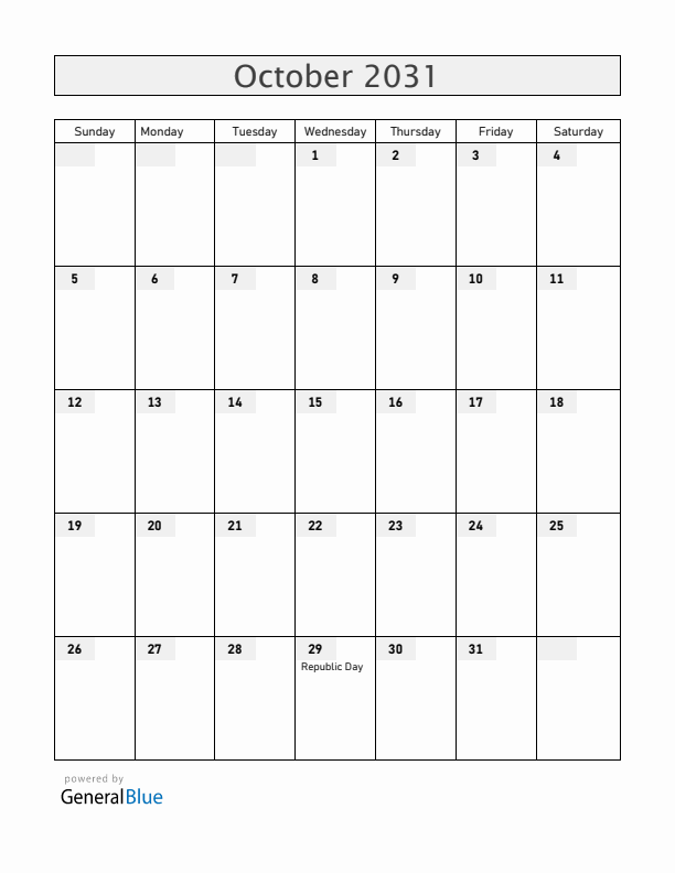 Turkey October 2031 Calendar with Holidays