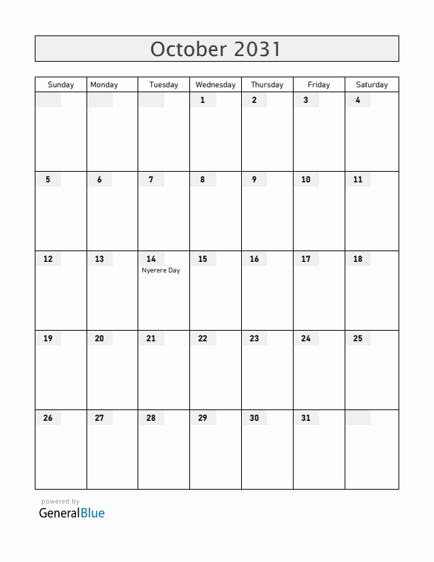 Tanzania October 2031 Calendar with Holidays