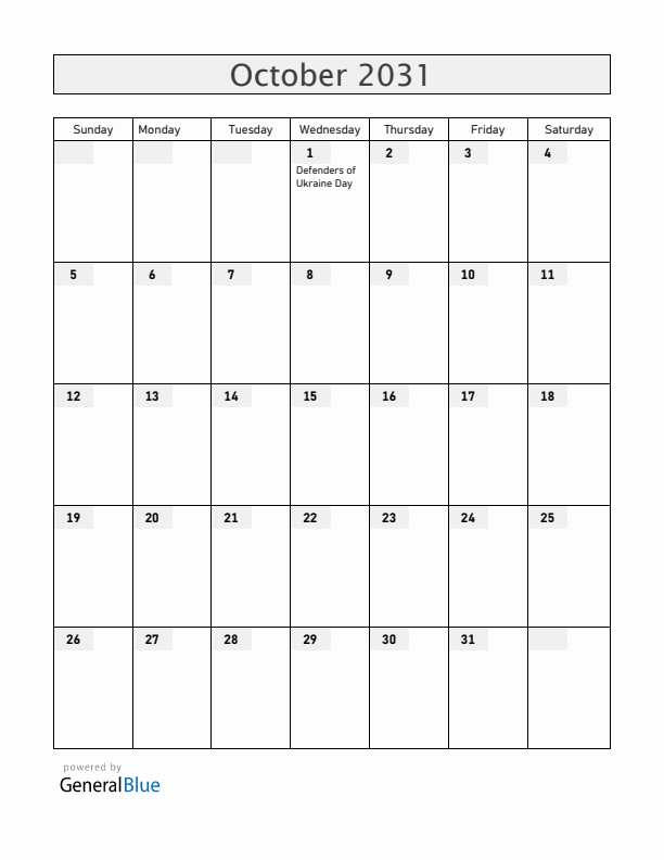Ukraine October 2031 Calendar with Holidays