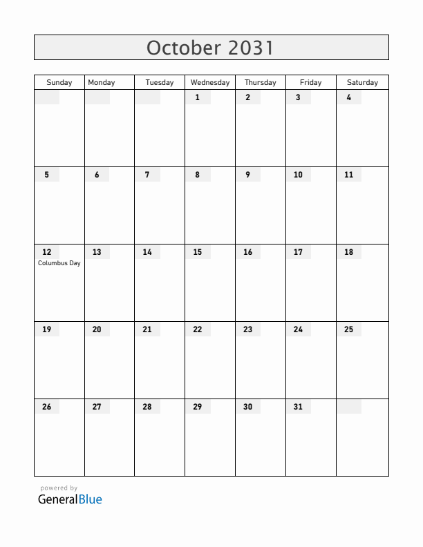 Uruguay October 2031 Calendar with Holidays