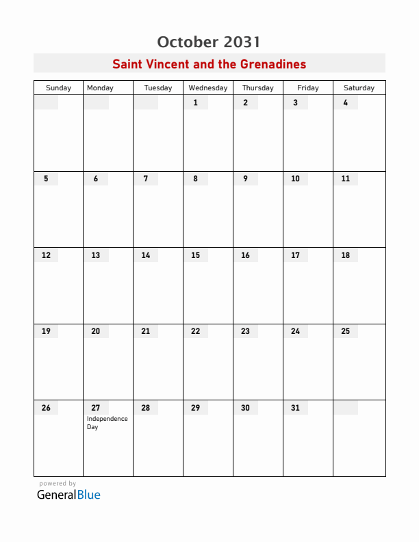 Saint Vincent and the Grenadines October 2031 Calendar with Holidays