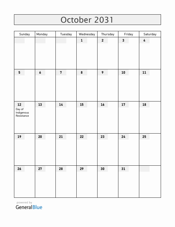 Venezuela October 2031 Calendar with Holidays