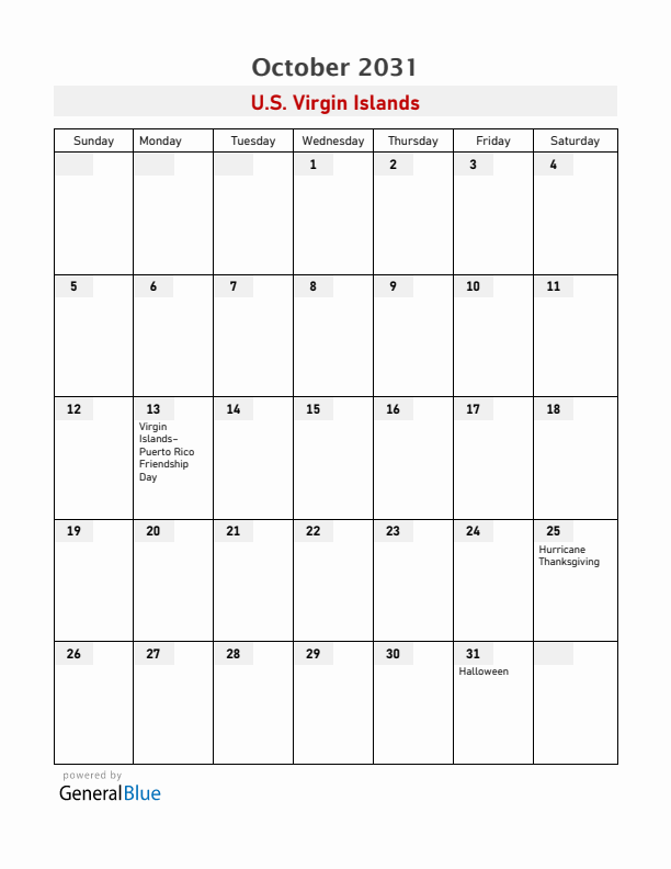 U.S. Virgin Islands October 2031 Calendar with Holidays