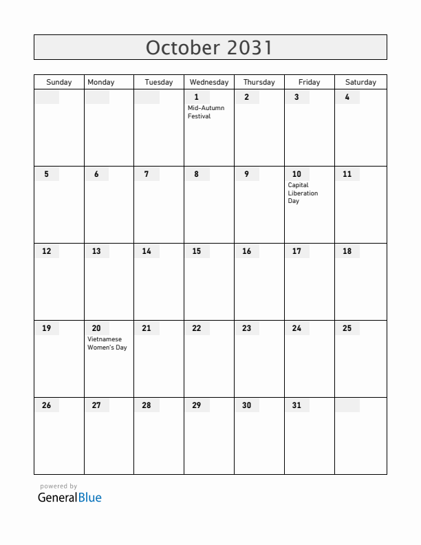 Vietnam October 2031 Calendar with Holidays