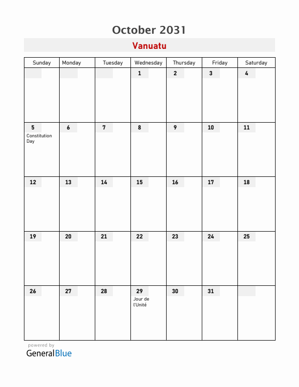 Vanuatu October 2031 Calendar with Holidays