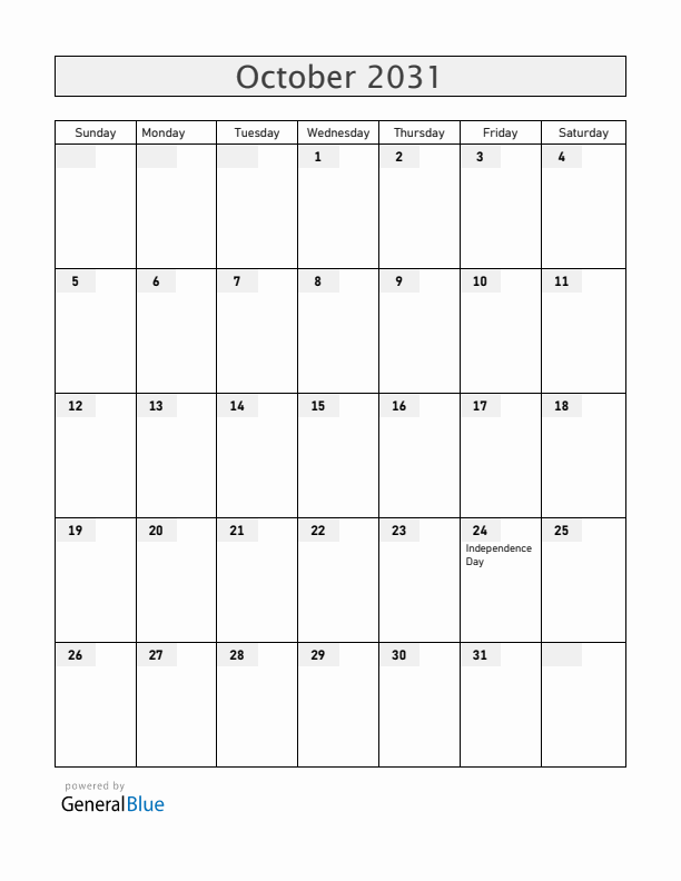 Zambia October 2031 Calendar with Holidays