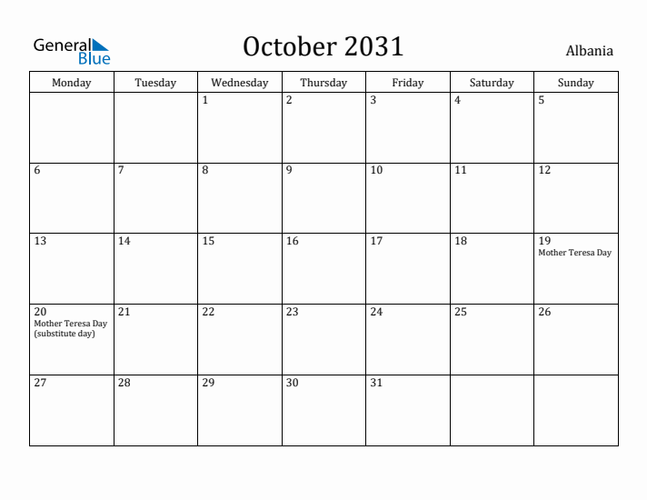 October 2031 Calendar Albania