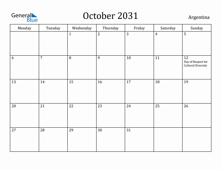 October 2031 Calendar Argentina