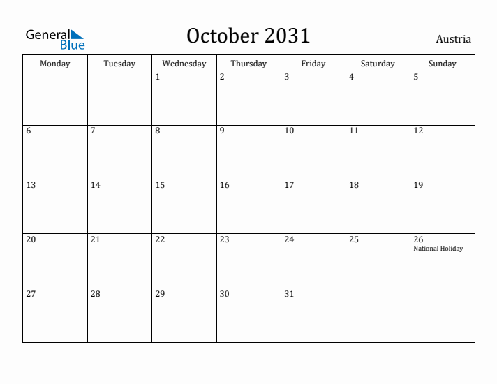October 2031 Calendar Austria