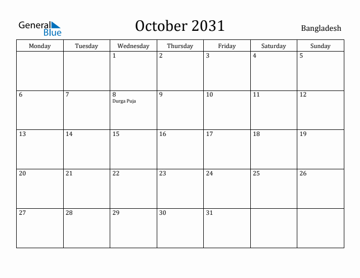 October 2031 Calendar Bangladesh