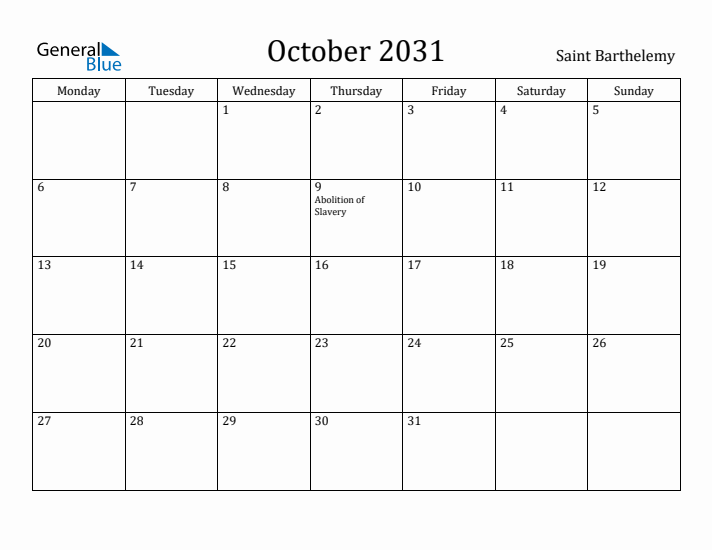 October 2031 Calendar Saint Barthelemy