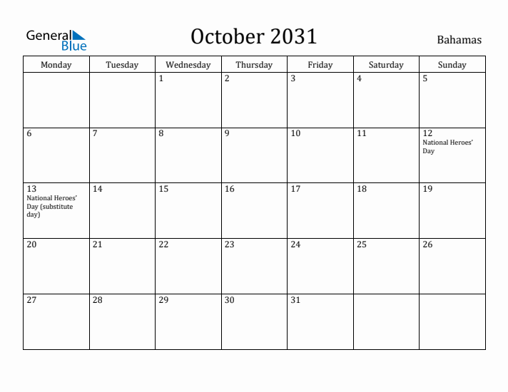 October 2031 Calendar Bahamas