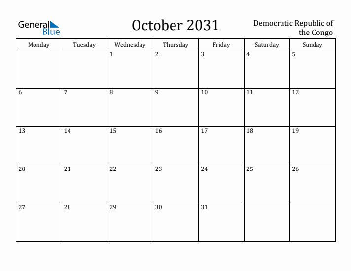 October 2031 Calendar Democratic Republic of the Congo