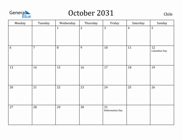 October 2031 Calendar Chile
