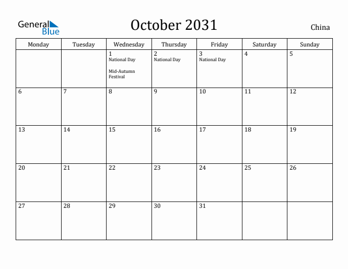 October 2031 Calendar China