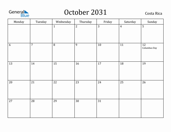 October 2031 Calendar Costa Rica