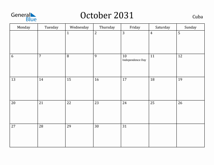 October 2031 Calendar Cuba