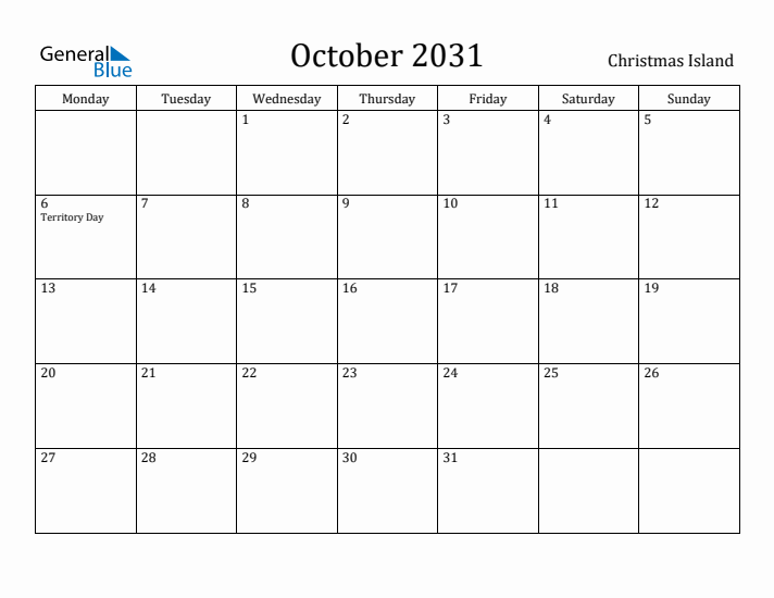October 2031 Calendar Christmas Island